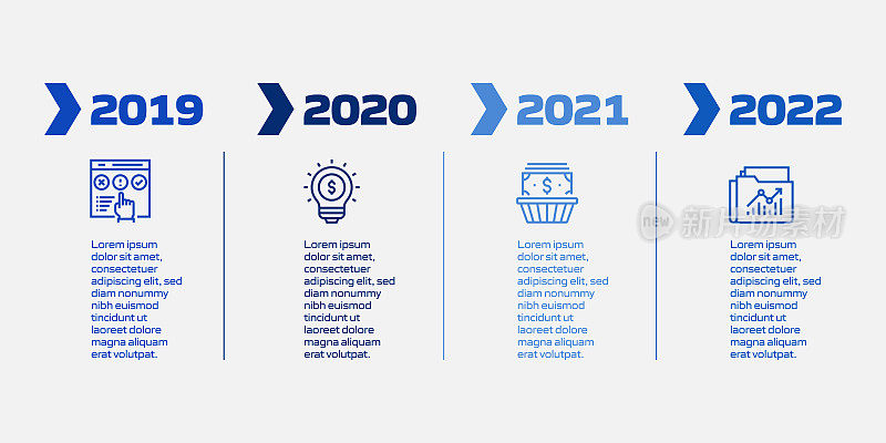 投资相关流程信息图模板。过程时间图。使用线性图标的工作流布局