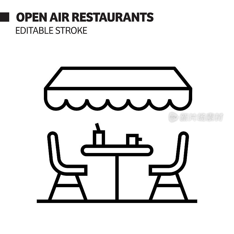 新常态概念-露天餐厅线图标，矢量符号插图。Covid-19冠状病毒