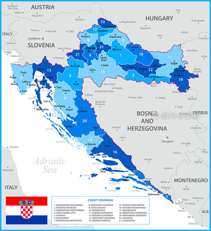 带有国旗的克罗地亚地图。矢量蓝色插图与地区，地理边界和首都城市
