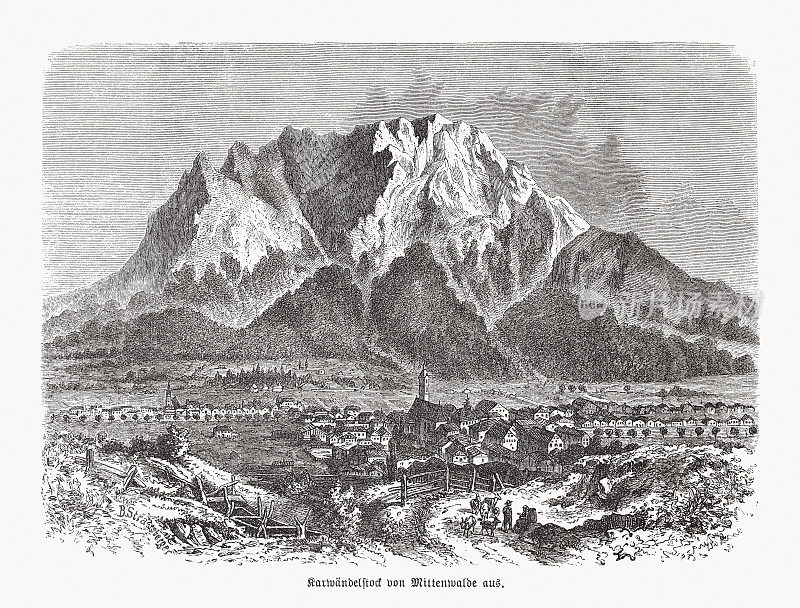 密滕瓦尔德和卡文德尔，德国巴伐利亚，木刻，1893年出版