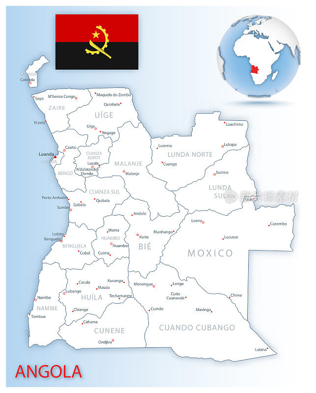详细的安哥拉行政地图与国家国旗和位置在一个蓝色的地球。