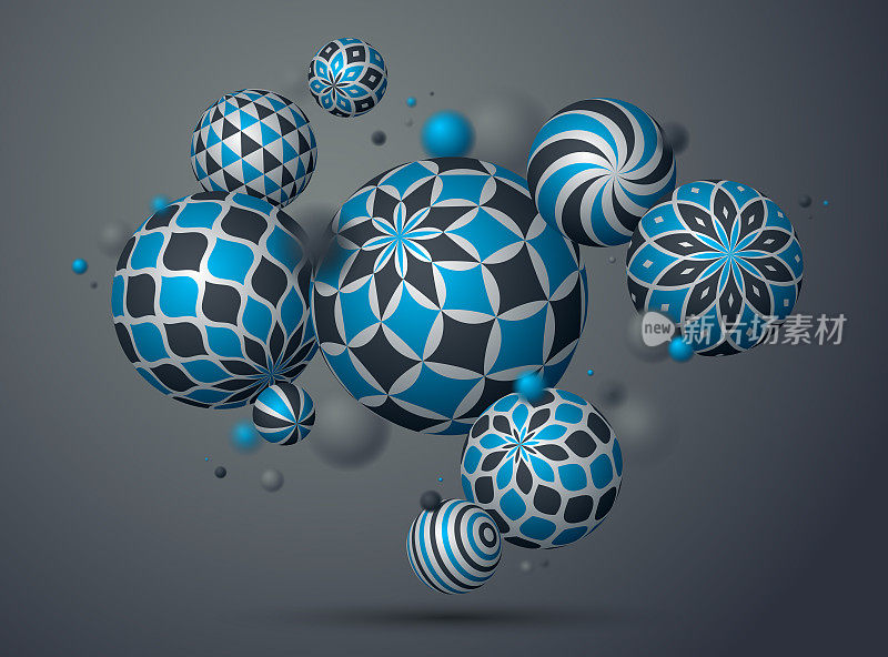 抽象球体矢量背景，组成飞行球装饰图案，3D混合各种逼真的球体装饰，逼真的景深效果。