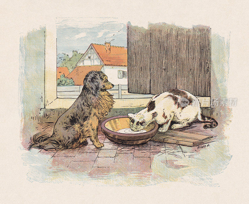 猫狗，彩色木刻，1897年出版