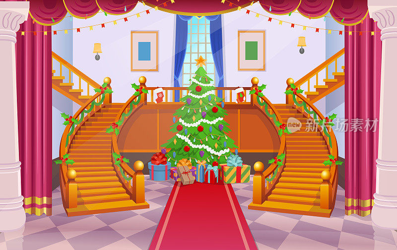 带有楼梯和圣诞树的圣诞室内装饰。Ð¡artoon矢量插图。