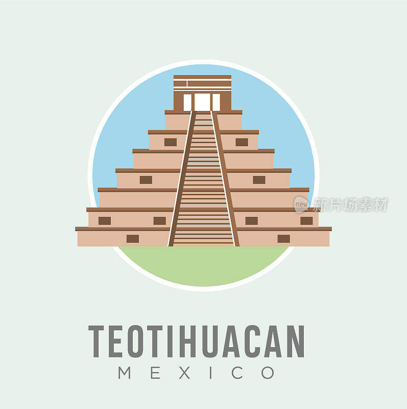 墨西哥特奥蒂瓦坎金字塔设计矢量股票插图，北美。古代阶梯式金字塔，顶部有庙宇。中美洲建筑地标。墨西哥旅游及景点