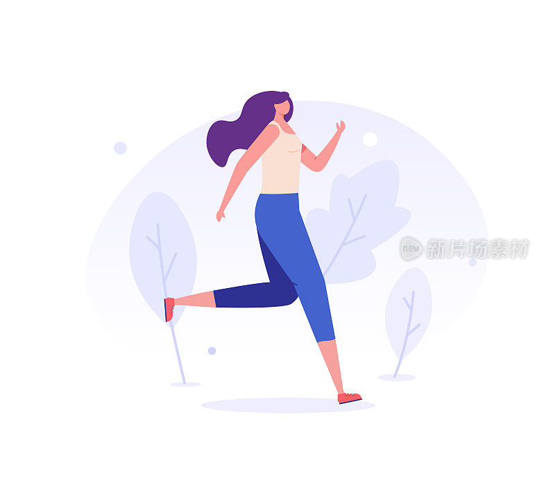 一个女人在街上跑步，做田径运动。户外健身理念，户外瑜伽，公园群操，运动生活方式。矢量插图在平面设计