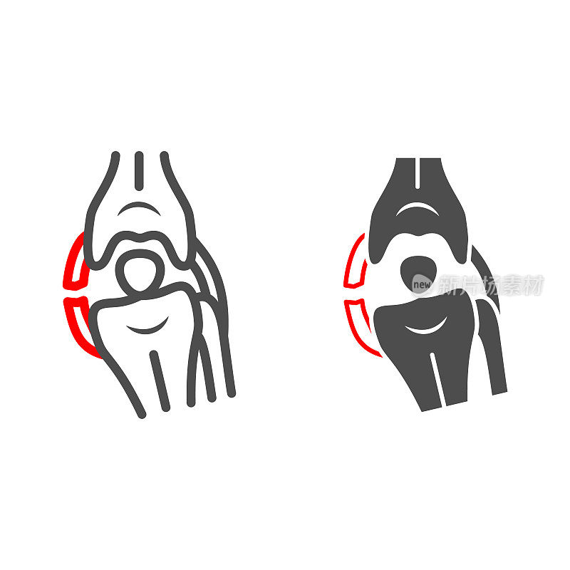外侧膝关节韧带断裂线和固体图标，人类疾病的概念，膝盖问题的标志在白色的背景，骨创伤图标轮廓风格的移动概念和网页设计。矢量图形。