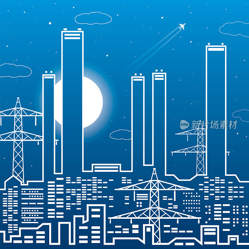 电厂概述，能源工业插图，城市夜景。广大的基础设施。矢量设计艺术