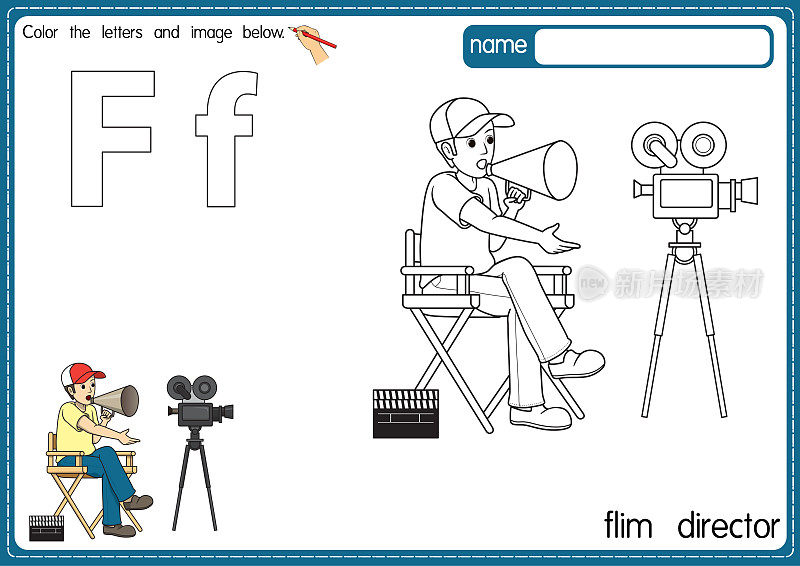 矢量插图的儿童字母着色书页与概述剪贴画，以颜色。字母F代表电影导演。