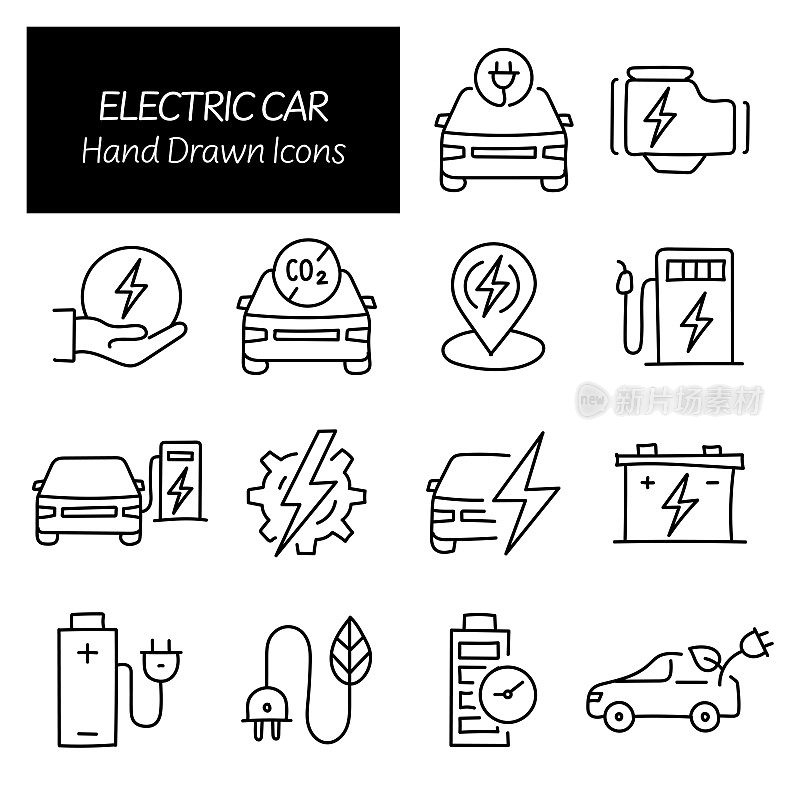 电动汽车相关手绘图标，涂鸦元素矢量插图