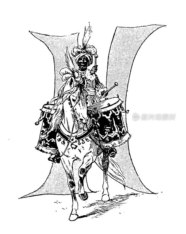 马、骑士和骑兵的古董插图:字母N