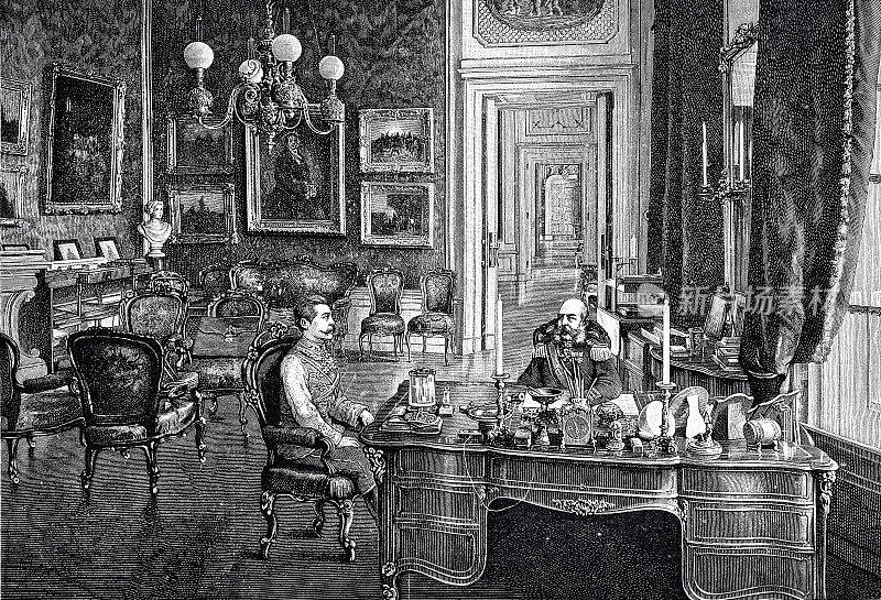 德国皇帝威廉二世在书房拜访奥地利皇帝弗朗茨・约瑟夫