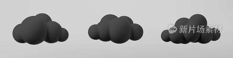3d黑色的云设置孤立的灰色背景。渲染软卡通蓬松的黑云图标，黑色的灰尘或烟雾。3d几何形状矢量插图