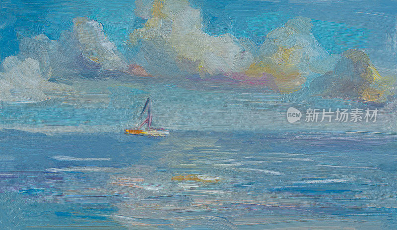 云海油画。抽象蓝色海景与积云帆船。