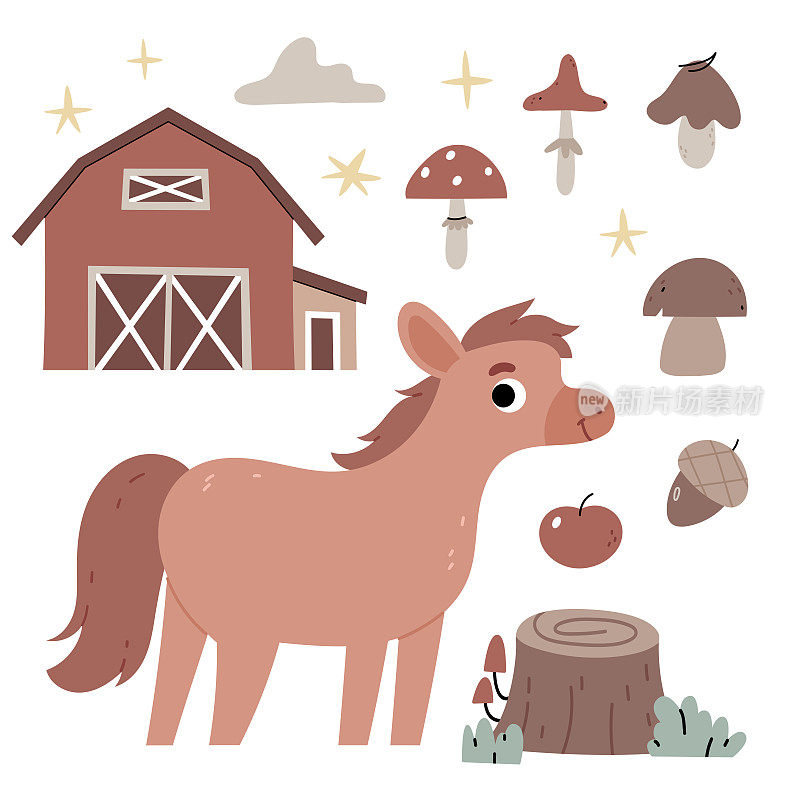 农场里的马，农业，秋天的气氛。儿童读物插图。