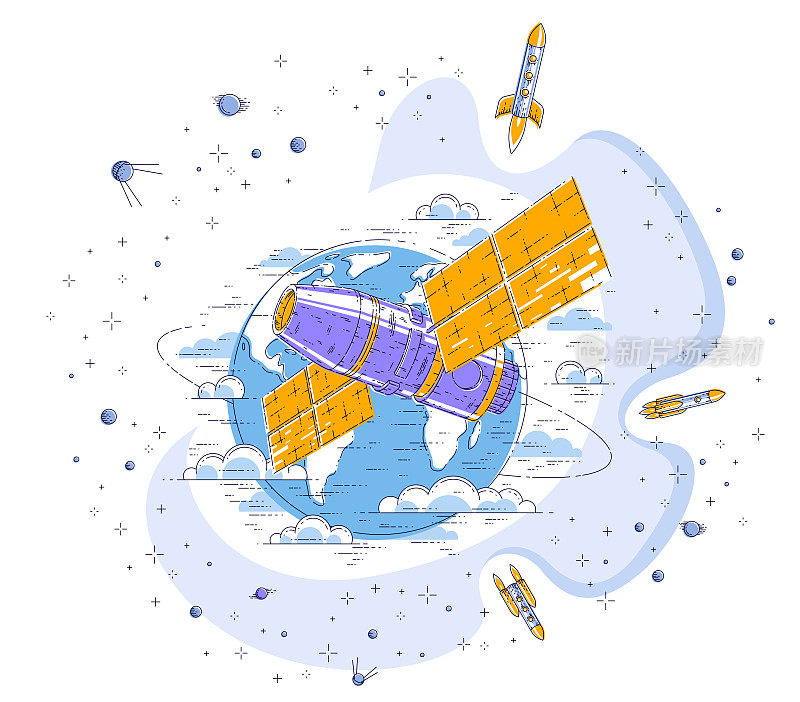 空间站绕地球轨道飞行，宇宙飞船iss搭载着太阳能电池板、人造卫星、火箭、恒星等元素。细线三维矢量插图。