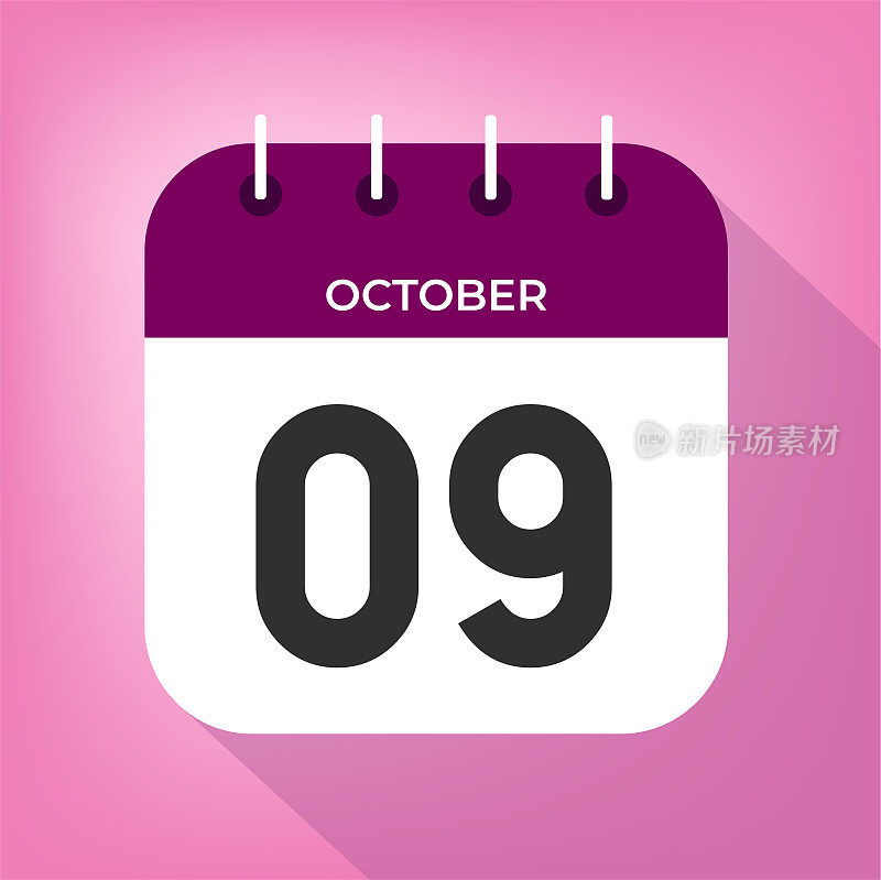 10月9日。数字9在一张白色的纸上，紫色的边界上有一个粉红色的背景向量。