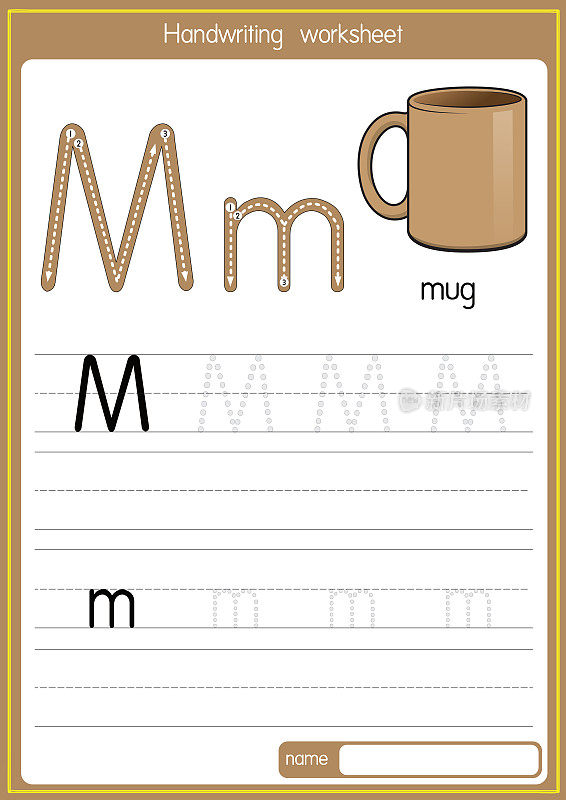 矢量插图的马克杯与字母M大写字母或大写字母的儿童学习练习ABC