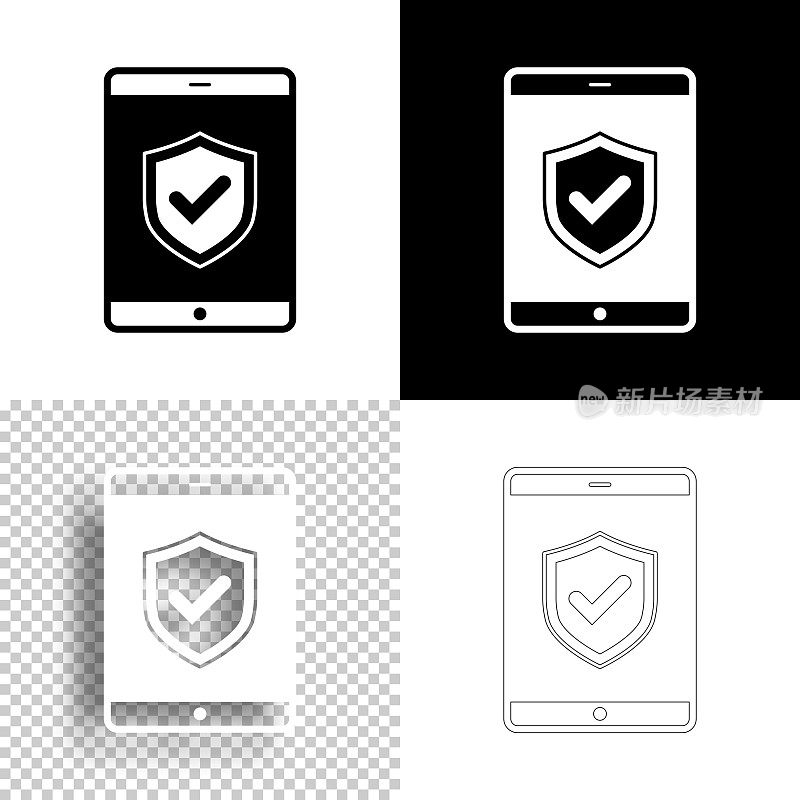 安全的平板电脑。图标设计。空白，白色和黑色背景-线图标
