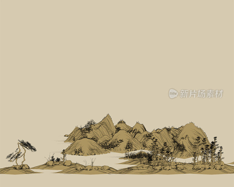 复古风格的中国传统山水画插图，山水画