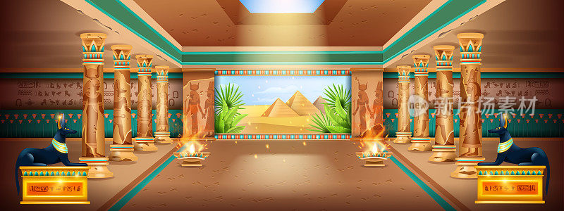埃及古神庙背景，矢量宫殿插图，圆柱，法老金字塔室内设计。