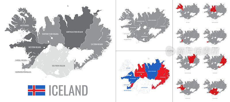 详细的矢量地图冰岛的地区与旗帜