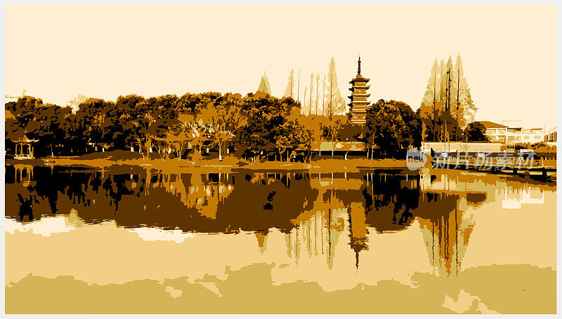彩色木刻风格的中国乡村景观，经典的塔与湖