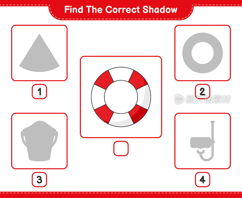 找到正确的影子。找到并匹配救生圈的正确影子。教育儿童游戏，可打印的工作表，矢量插图