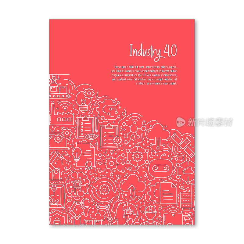 工业4.0相关对象和元素。手绘矢量涂鸦插图集合。海报，封面模板与不同的工业4.0对象