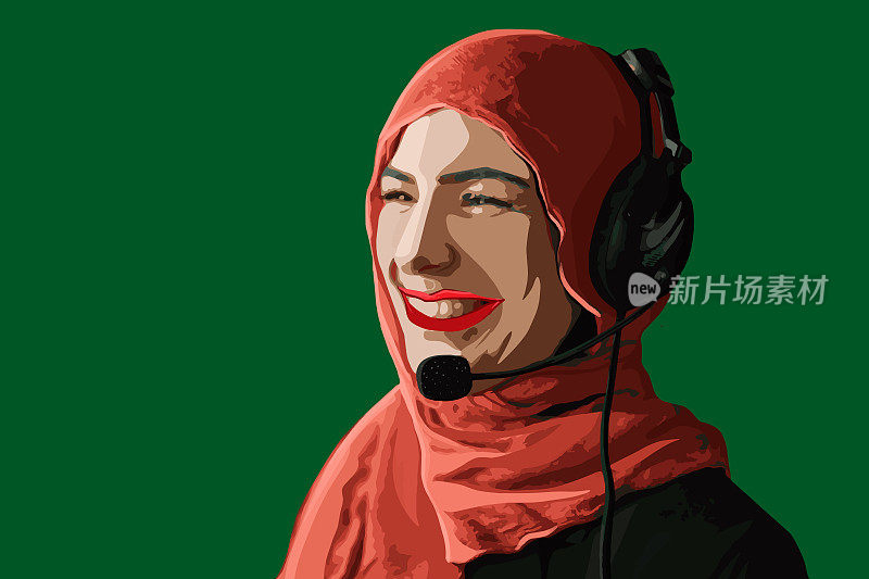 微笑的穆斯林女商人戴着耳机