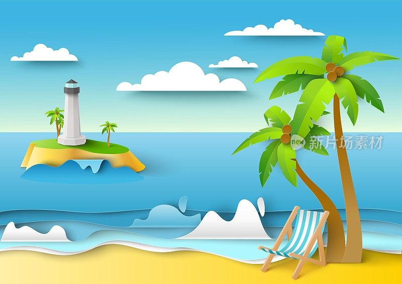 热带海滩，海上灯塔，矢量插图在纸艺术风格。夏日沙滩度假，旅游，旅游。
