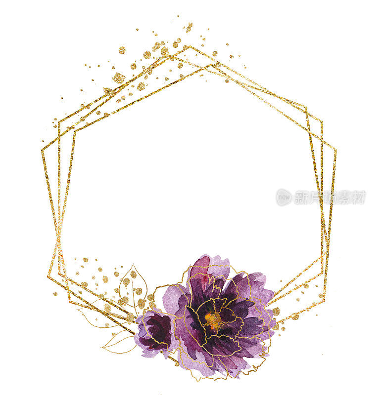 几何金色框架与水彩紫色和金色牡丹花朵插图