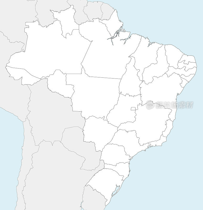矢量空白的巴西地图与州和行政区划，邻国和领土。可编辑和明确标记层。