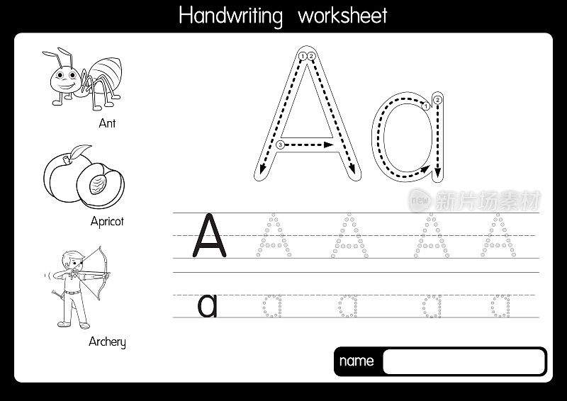 黑白矢量插图与字母A大写字母或大写字母的儿童学习练习ABC