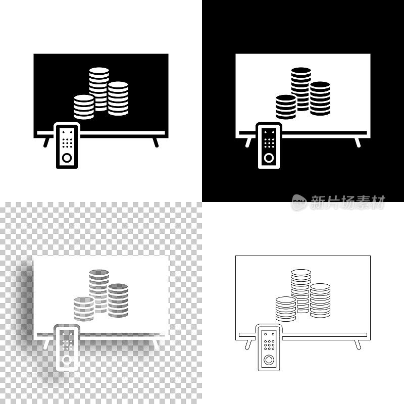 电视机和一堆硬币。图标设计。空白，白色和黑色背景-线图标