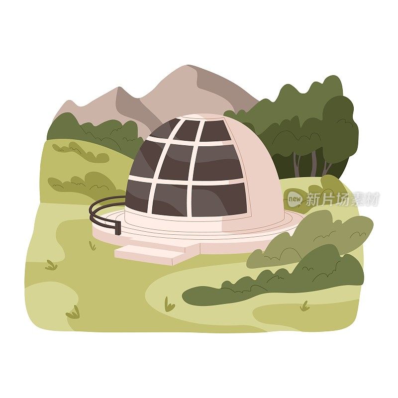 大自然中的现代泡泡屋。玻璃圆顶泡泡屋，户外豪华露营。在森林里舒适的半球形房子外面。平面矢量插图孤立在白色背景上