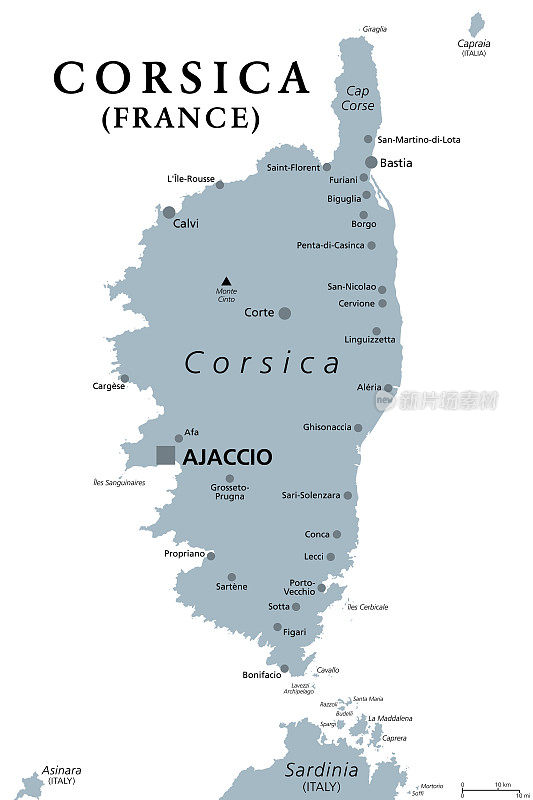 科西嘉岛，灰色的政治地图，撒丁岛北部的法国岛