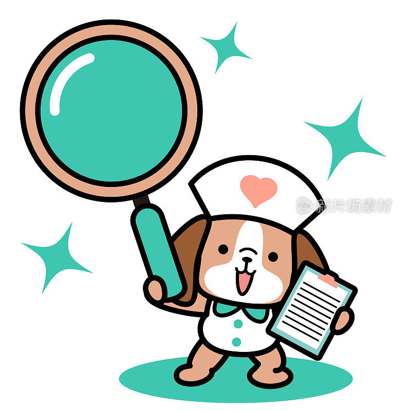 一个可爱的狗护士站在那里,手里拿着一个大放大镜和医疗记录