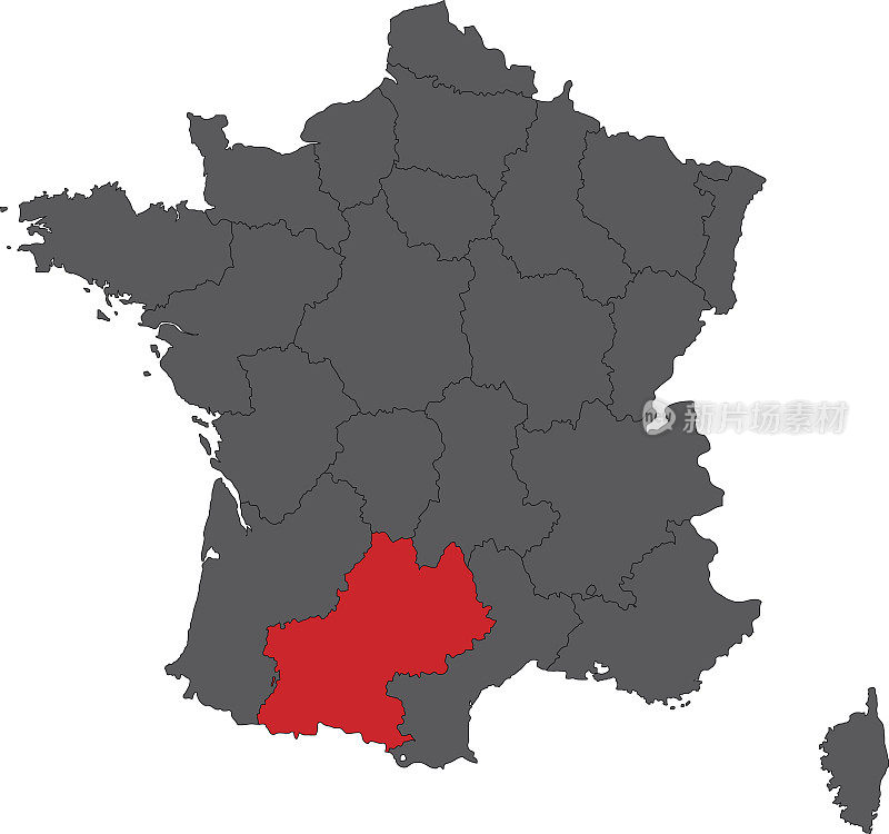 中比利牛斯红色在灰色的法国地图矢量