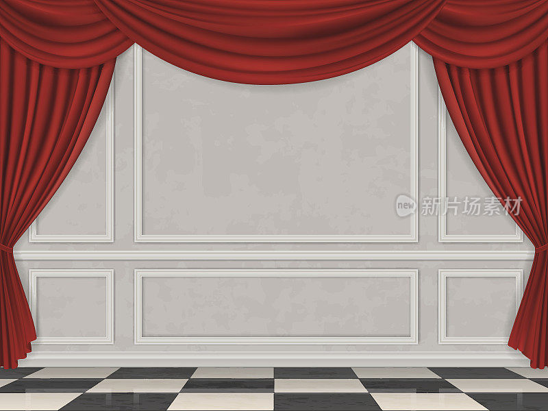 墙饰板、方格地板和红窗帘