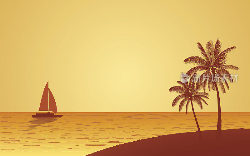 海滩上的棕榈树和帆船在傍晚天空的背景剪影