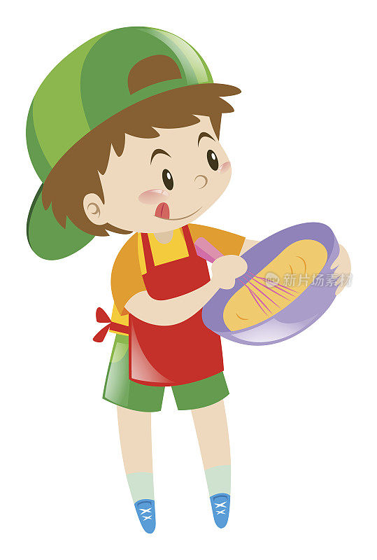 小男孩在碗里打面粉