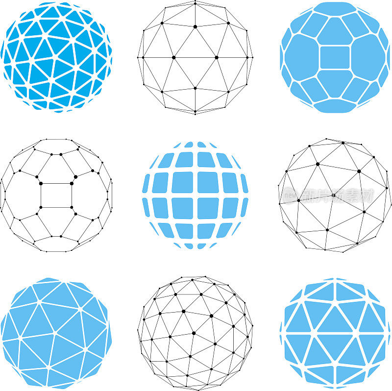 与连接的线和点，三维几何线框形状的向量低多边形球体的集合。透视三角学小平面球体创建三角形，正方形和五边形。