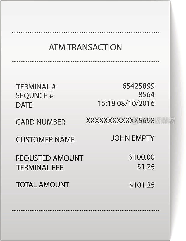ATM交易打印纸质收据票据载体