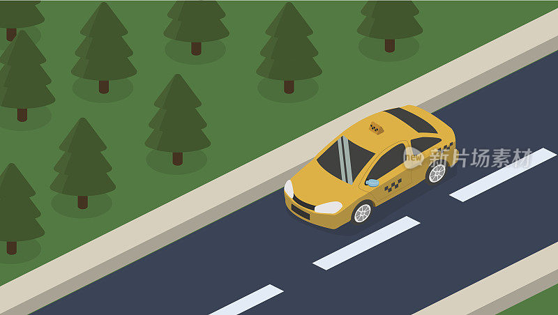 三维立体概念矢量车辆行驶在道路上，乘客的运输在出租车上。站在运输现场。