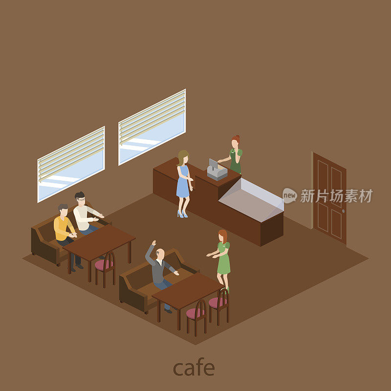 咖啡店咖啡厅内部的等距横幅在咖啡色与咖啡师和服务员服务游客等距矢量插图