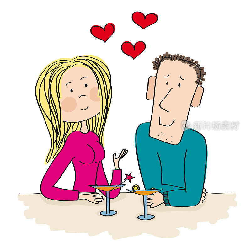 年轻的约会情侣坐在酒吧里，喝着鸡尾酒。漂亮的金发性感女人和迷人的年轻男子。原始手绘插图。