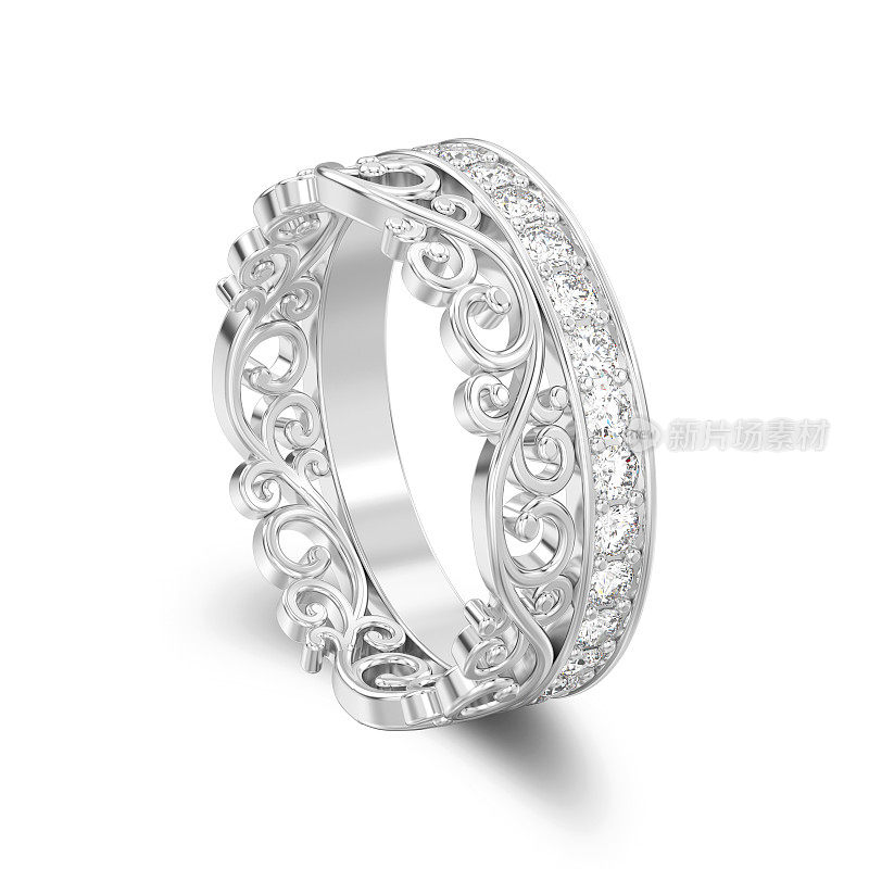 3D插图孤立白金或银装饰皇冠，钻石戒指与阴影