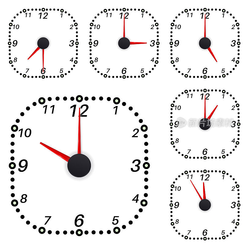 时钟。有不同时间指示的方形钟面
