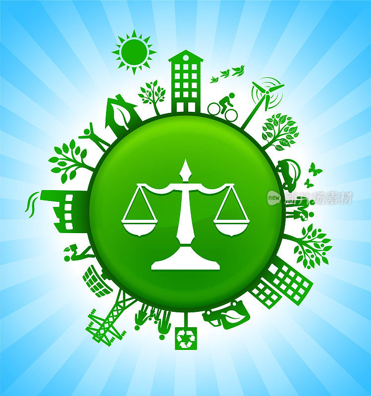 正义平衡环境绿色按钮背景在蓝天